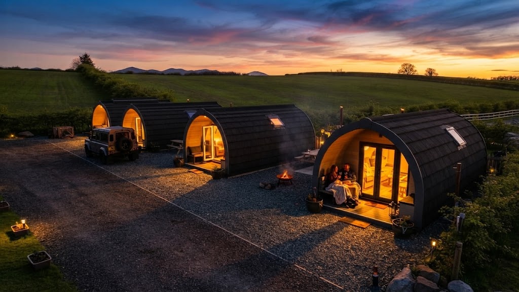 Shepherd's hut, yurt and safari tent on the same Cumbrian glamping site in evening light
