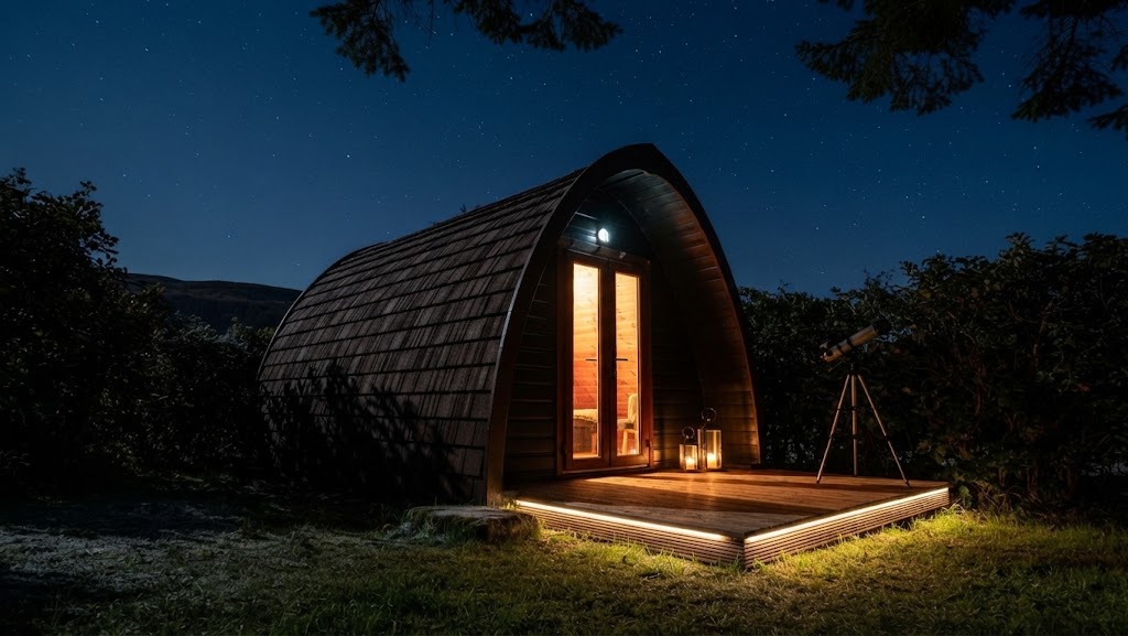 Row of simple camping pods on a large Lake District campsite with a facilities block and touring pitches nearby