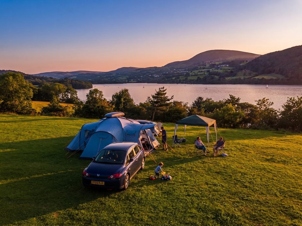 Simple camping pod at dusk with a camping stove on the picnic bench outside and the fells darkening behind