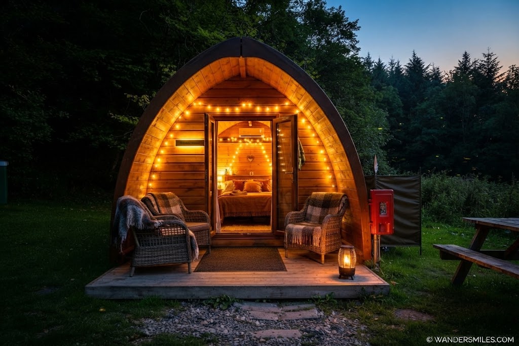 Simple camping pod on a Lake District site with a picnic bench outside and the fells behind in evening light