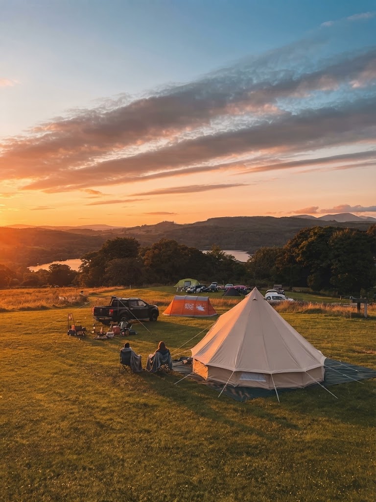 Winter Lake District scene with a lit camping pod, frost on the ground and snow on the fells behind