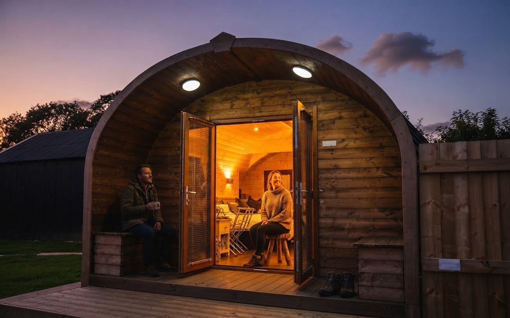 Dog waiting on the step of a Lake District glamping pod with a lead and muddy boots beside the door