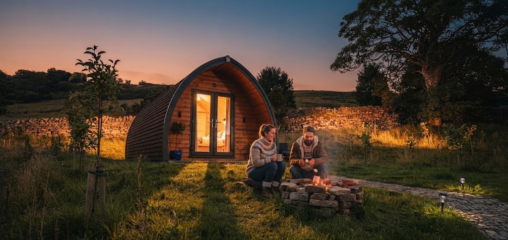 Dog lying beside a lit log burner inside a Lake District shepherd's hut with a blanket on the floor