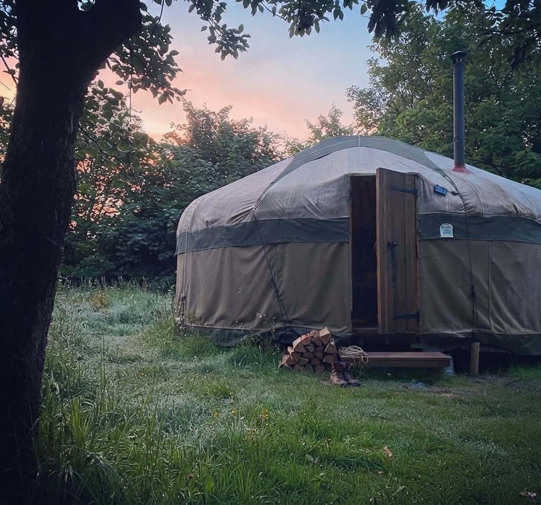 Wood-fired hot tub with steam rising beside a glamping unit on Eden Valley farmland at sunset