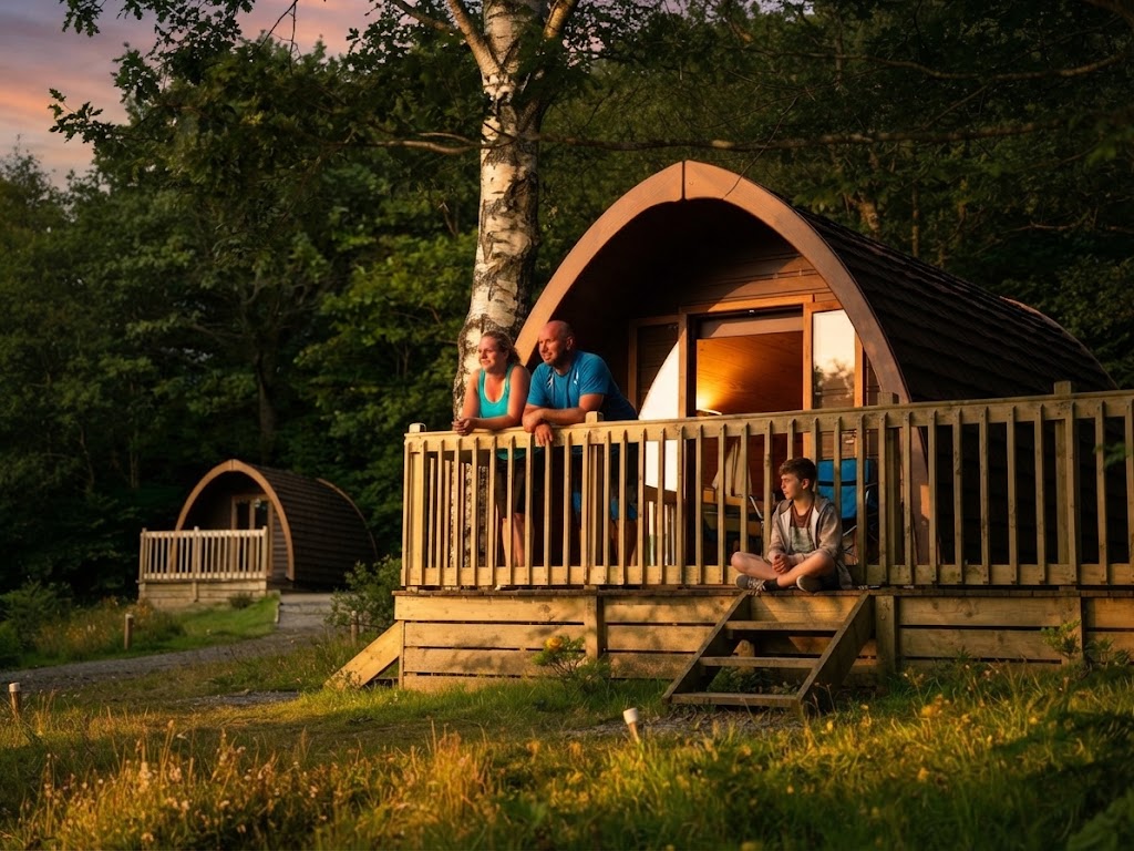 Private hot tub steaming on decking outside a Lake District glamping pod at sunset
