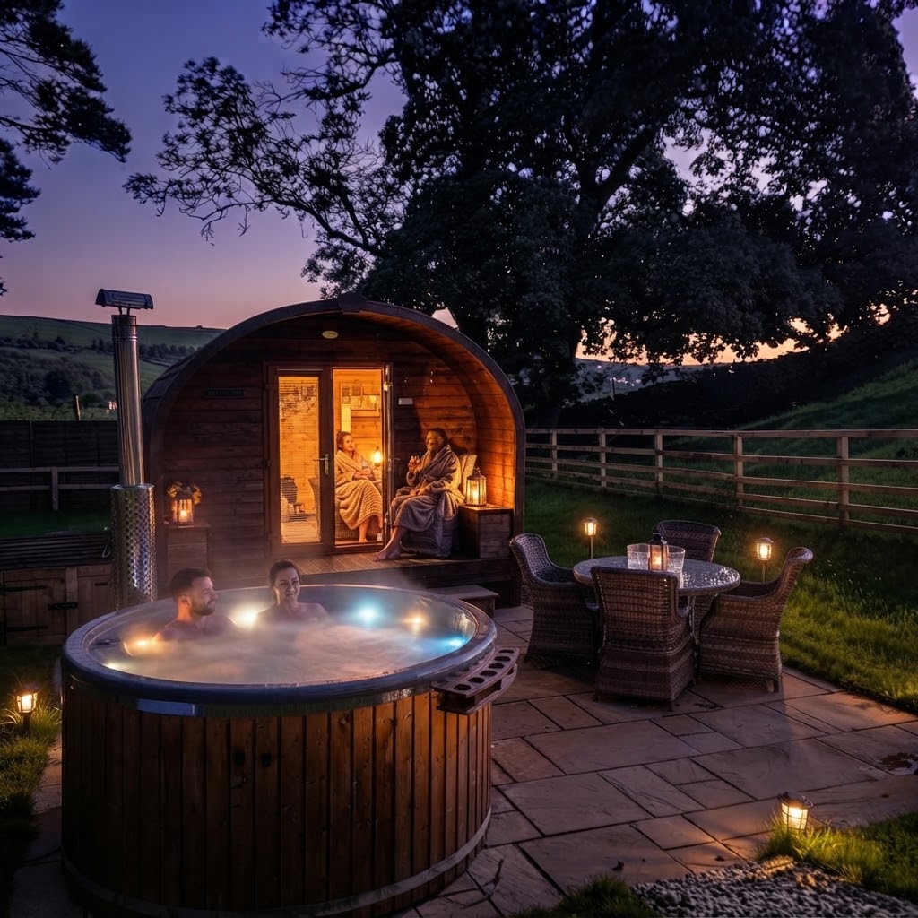Wood-fired barrel hot tub with a lit stove and stacked logs beside a Lake District glamping cabin