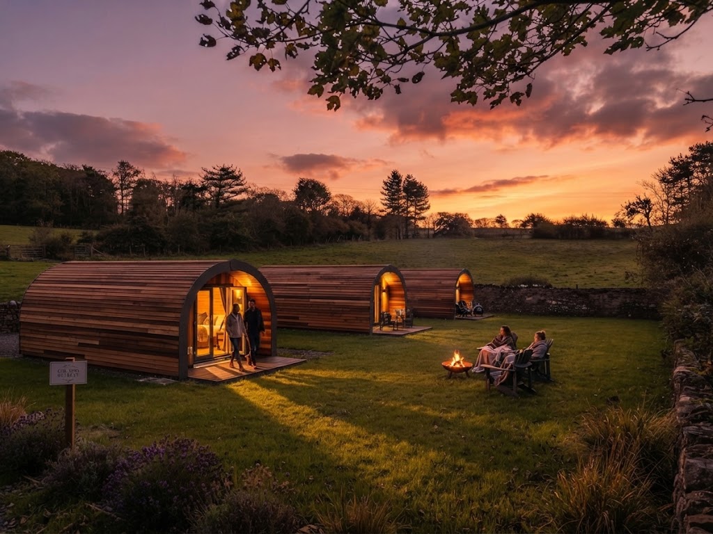 Glamping site with several pods and a safari tent spread across a Cumbrian hillside in morning sunshine