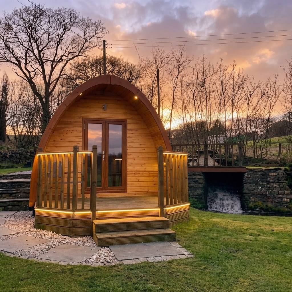 Private hot tub on a decked terrace outside a Lake District glamping cabin with towels folded on the rail