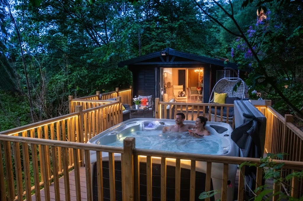 Small Lake District glamping site with two pods and a shepherd's hut spaced across a sloping field at golden hour