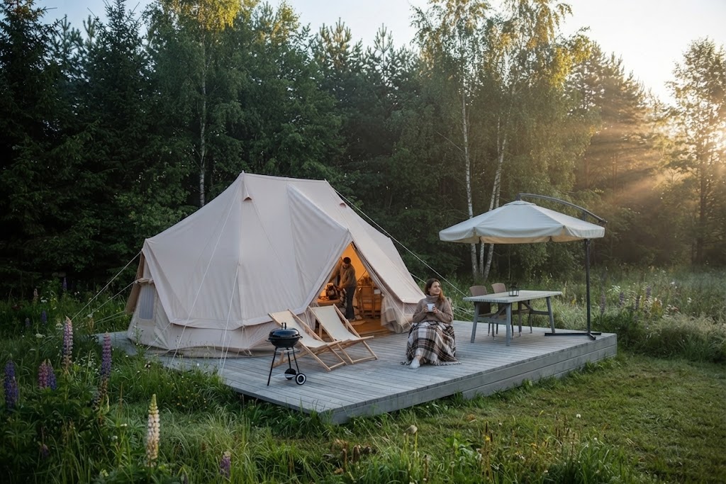 Wet weather at a glamping site with rain on the pod window and boots drying under the porch overhang