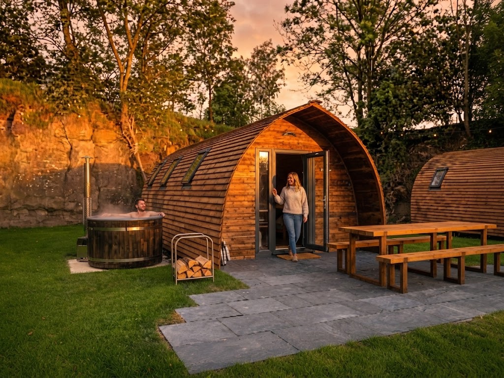 Curved timber glamping pod lit from inside at dusk with Lake District fells behind and wildflowers in front