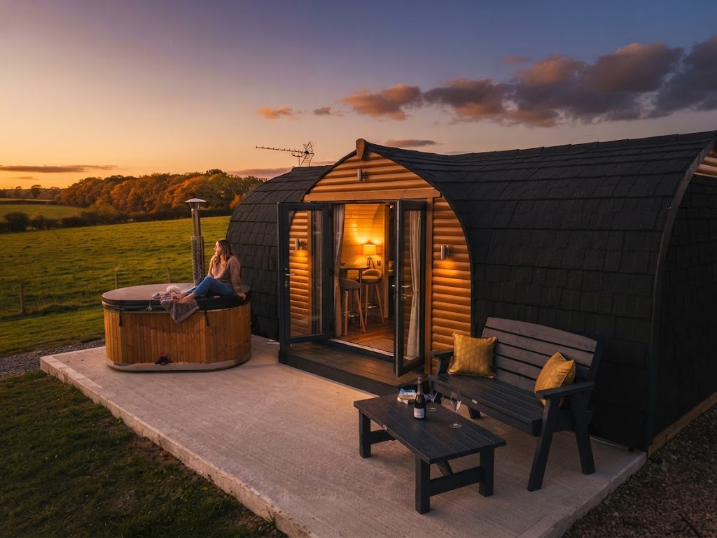 Couple relaxing in a steaming outdoor hot tub beside a glamping pod as the sun sets over Cumbrian hills