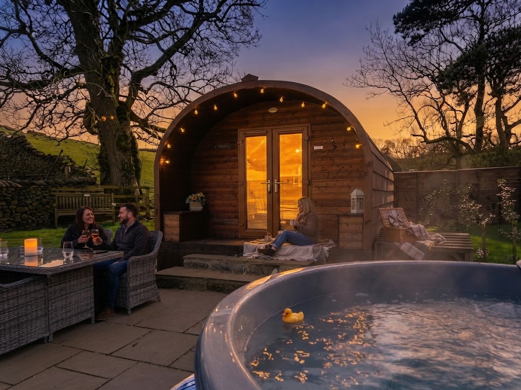 Family and dog outside a glamping pod at a Lake District site with picnic bench, fire pit and fells in the background
