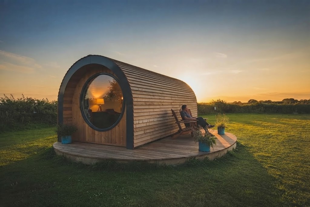 Steaming private hot tub on decking outside a Lake District glamping pod with sunset colour over the fells