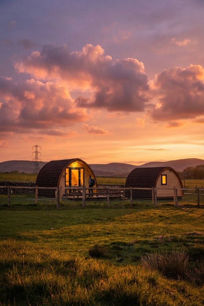 Wood-fired barrel hot tub with a lit external stove and stacked firewood beside a Lake District glamping cabin
