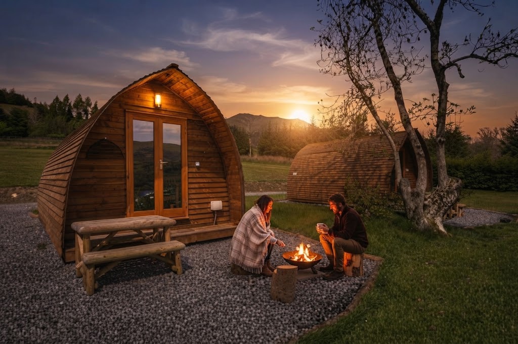 Glamping lodge with a hot tub under an open-sided timber shelter, towels on the rail and lanterns lit at dusk