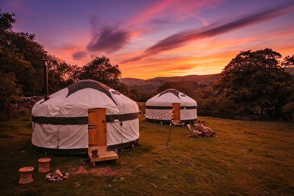 Lit glamping pods scattered across a Lake District valley at dusk with fells behind