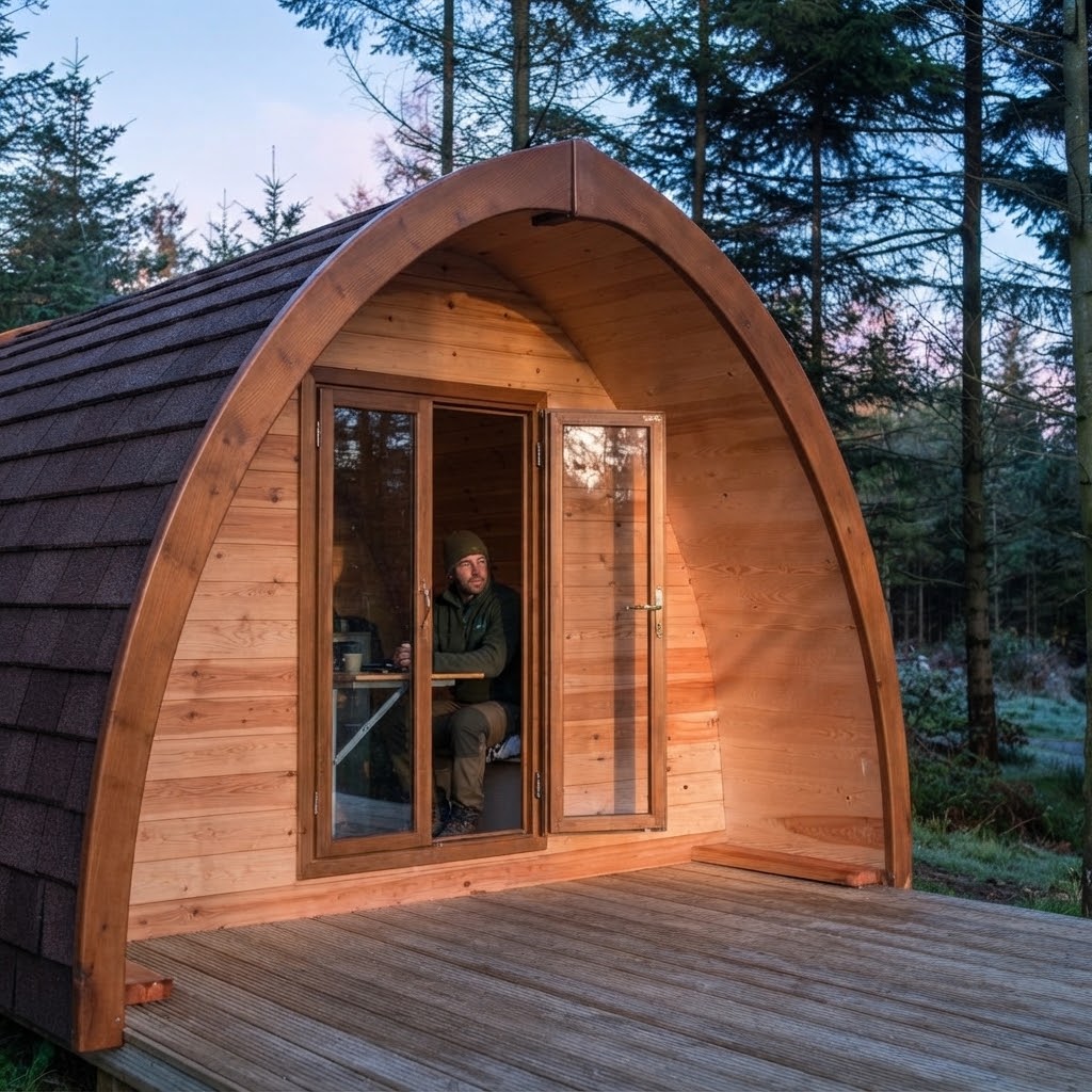 Camping pod interior with a made-up bed and a window framing Lake District fells in morning light