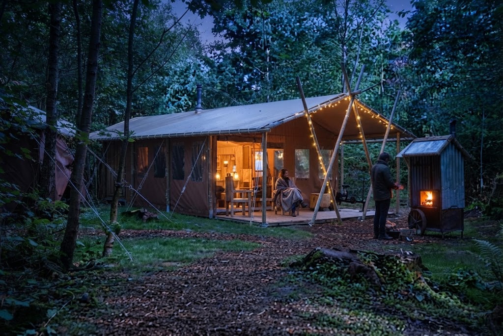 Simple camping pod on a budget Lake District site with a picnic bench, shared facilities block visible behind