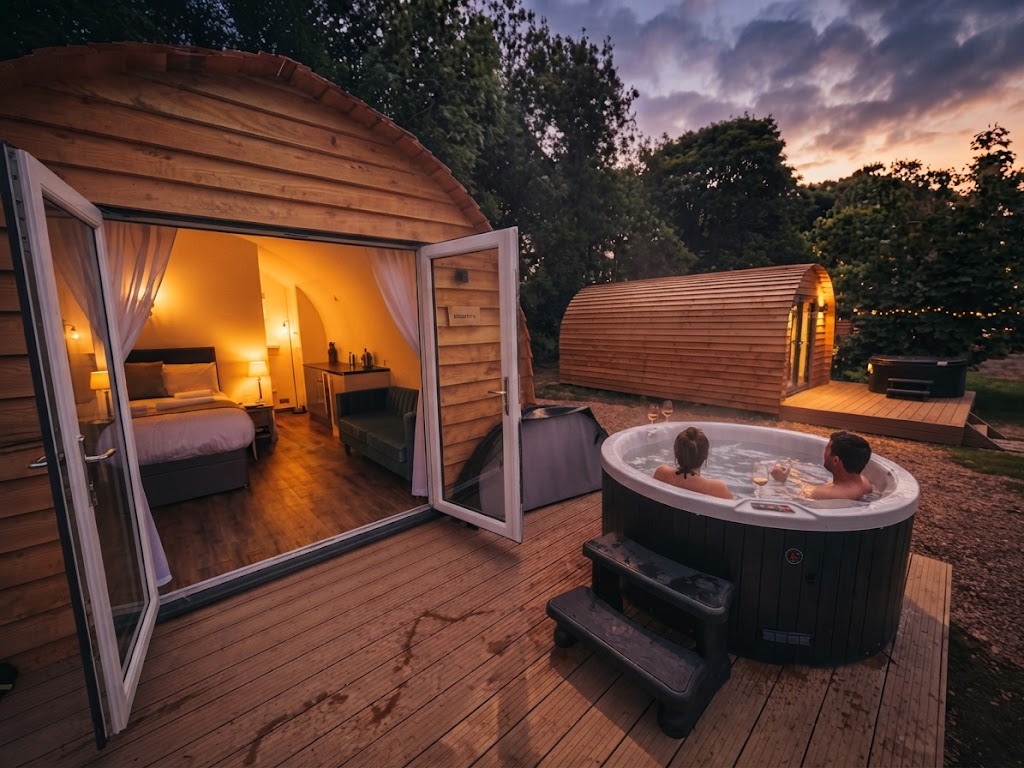 Basic camping pod with the door open showing a bare mattress platform and a single light fitting