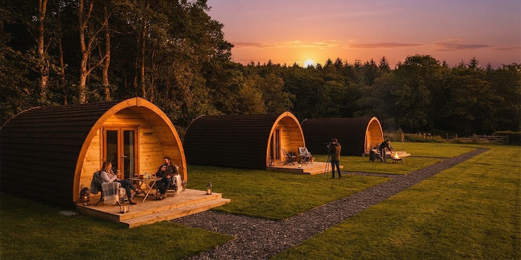 Winter view of a heated camping pod with snow on the surrounding Lake District fells and warm light inside