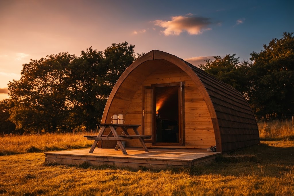 Glamping cabin with lights on at dusk in a Lake District field, suggesting a last-minute arrival