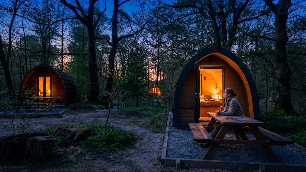 Unusual earth-sheltered glamping unit with a grass roof and round door built into a Cumbrian hillside