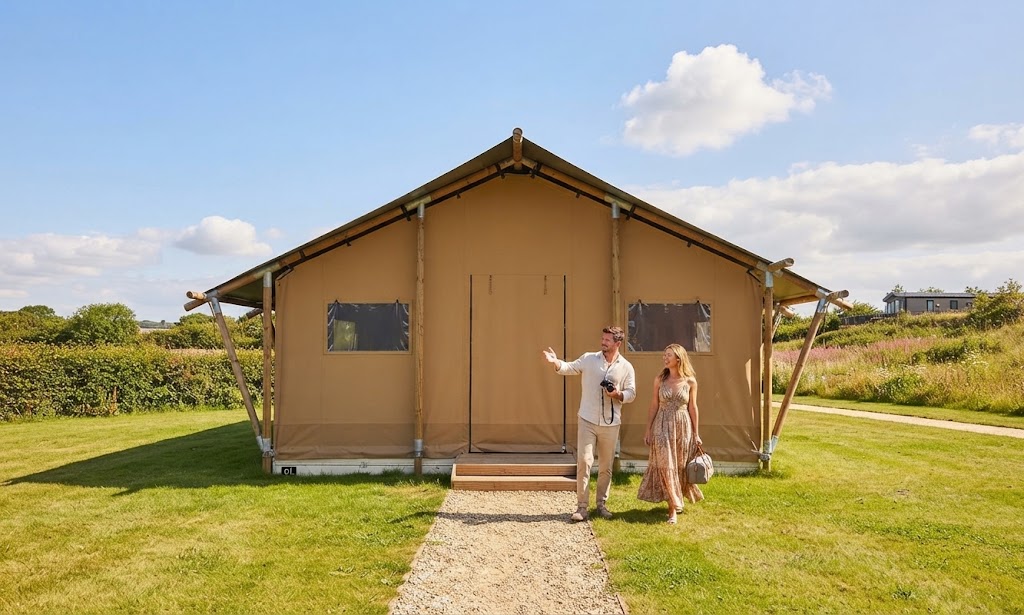 Glamping pod with a hot tub steaming in winter, lit against a dark Lake District hillside