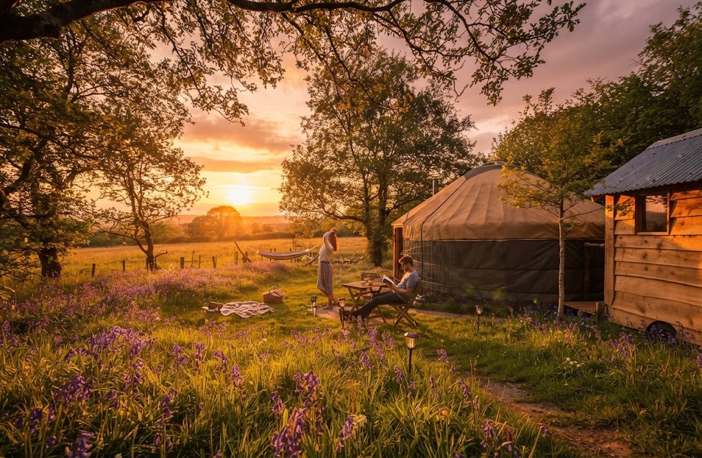 Car parked beside a glamping pod on arrival with bags being unloaded in evening light
