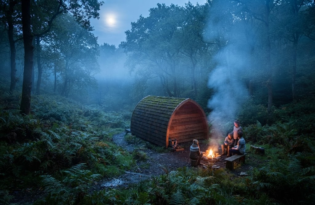 Glamping pod terrace with two chairs facing a Cumbrian valley in late afternoon light