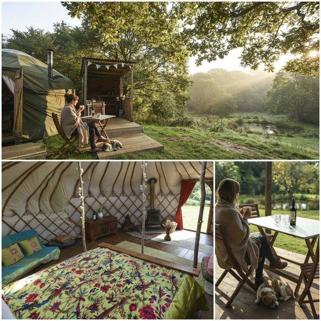 Row of glamping pods on a Cumbrian farm site with picnic benches, wildflower grass and low fells behind