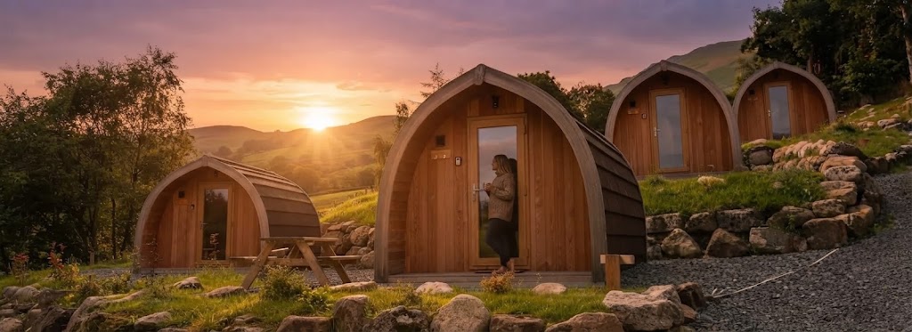 Walkers on a Lake District fell path high above a lake with a glamping site visible in the valley below