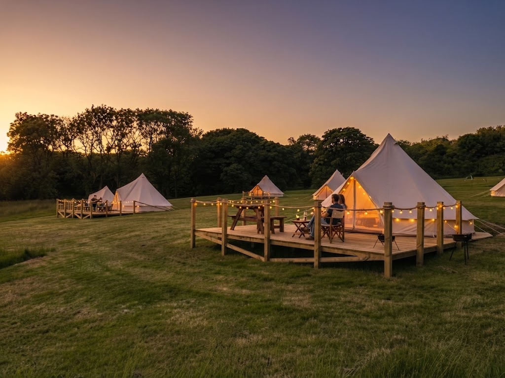 Evening fire pit outside a Lake District glamping pod with two camp chairs and an orange sky above the fells
