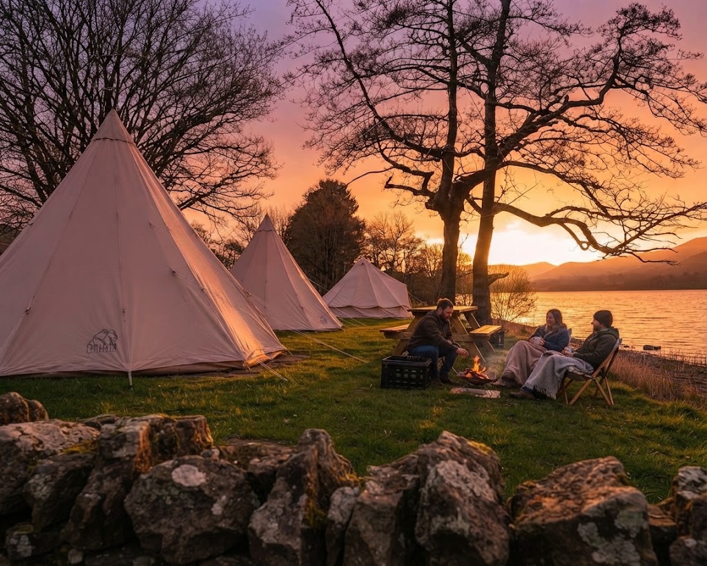 Glamping pods on high ground above Ullswater with the lake and Helvellyn range visible in the distance