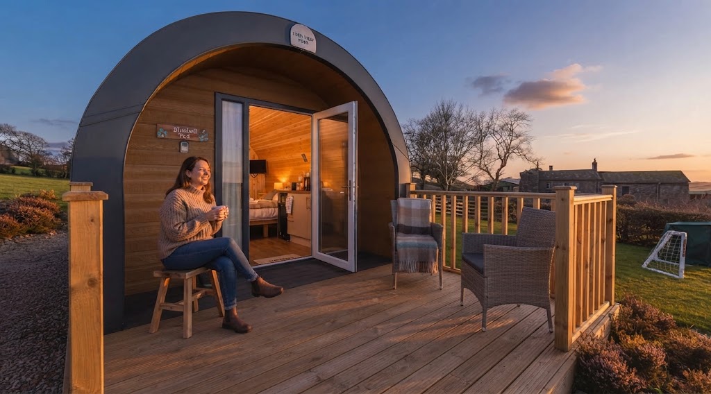 Hot tub beside a glamping pod on a working Cumbrian farm with dry stone walls and sheep grazing beyond