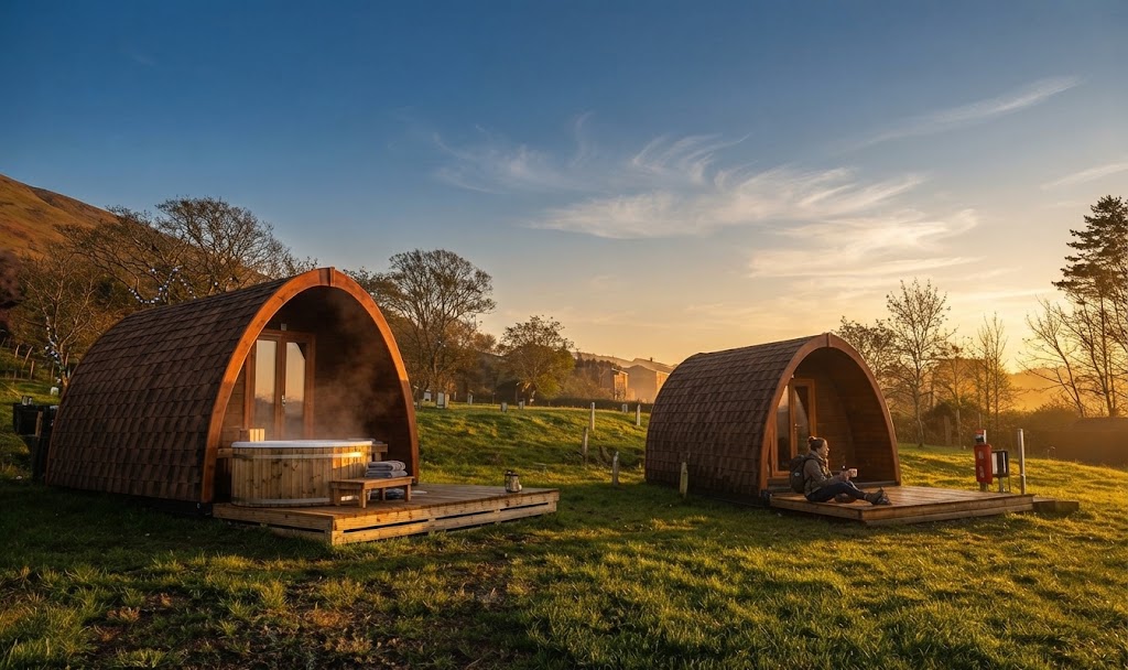 Hot tub steaming at dawn beside a Lake District glamping pod with frost on the surrounding grass