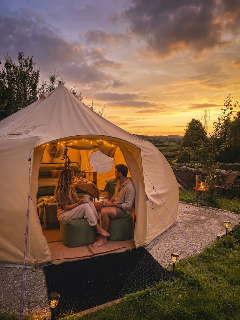 Ensuite camping pod interior with a shower room door, made-up bed and small kitchen counter
