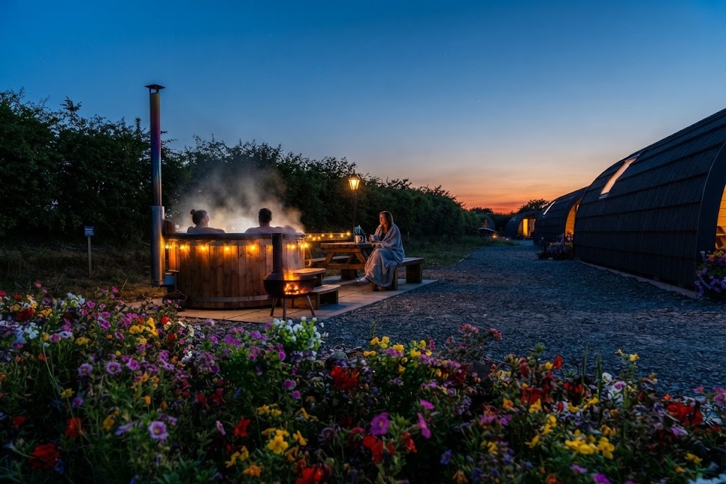 Camping pod with a glazed gable end at night with stars visible above the Lake District fells