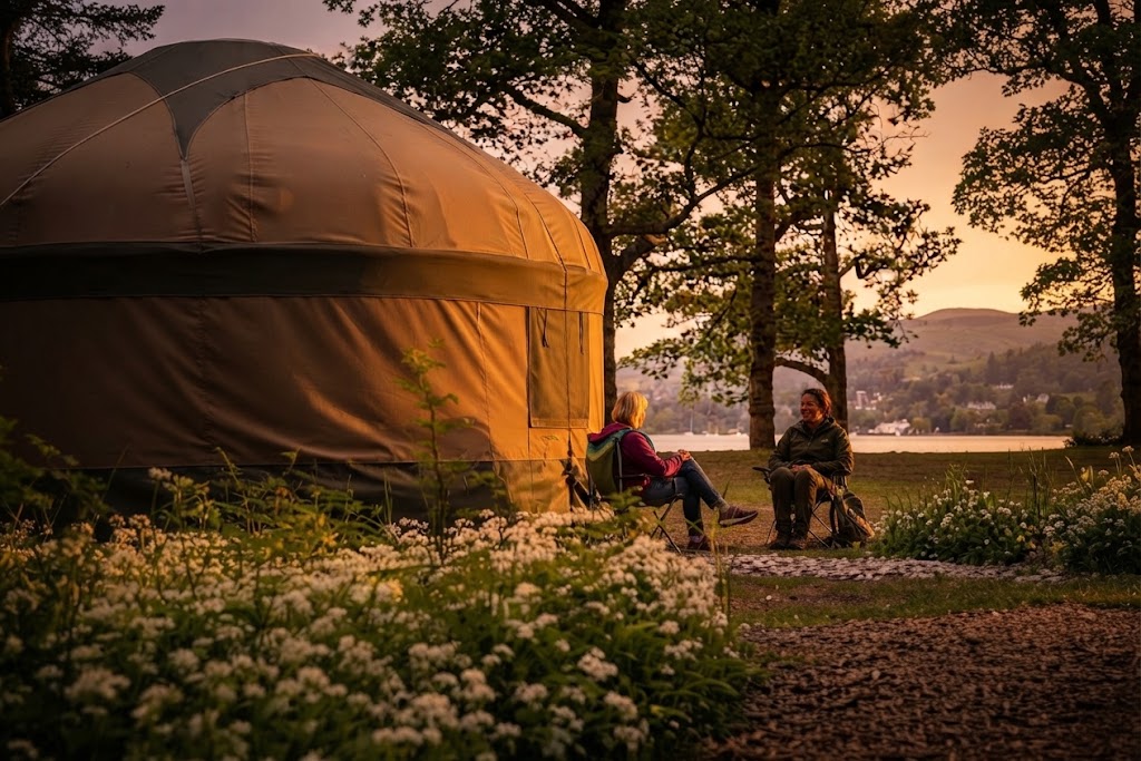 Adult only glamping pod site with two widely spaced pods, hot tubs and no other buildings in view
