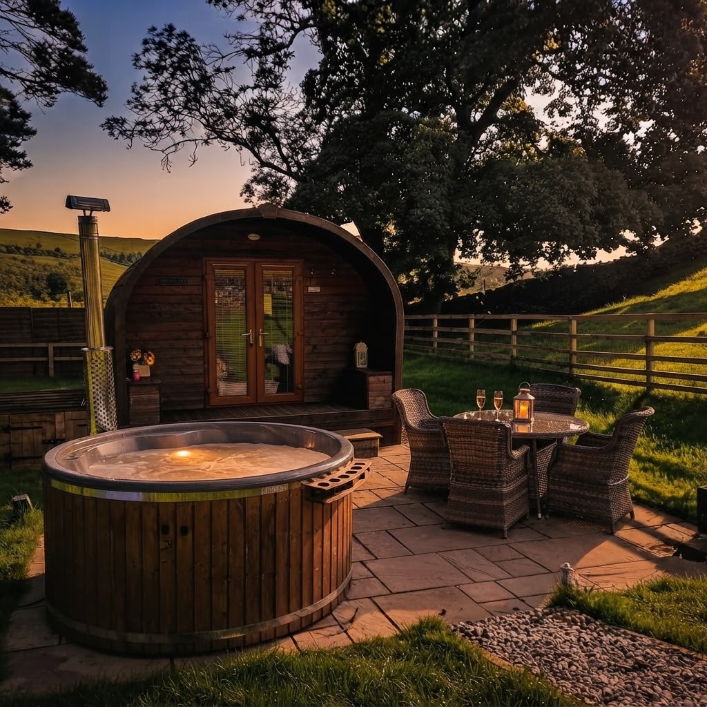 Glamping pod on a hillside terrace with panoramic views across a Lake District valley and lake in the distance