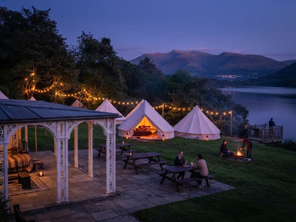 Two glamping pods with private hot tubs on separate decked terraces, screened from each other by hedging