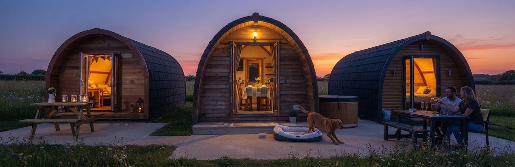 Three curved timber glamping pods in a row on a Lake District site at sunset with a hot tub and picnic benches