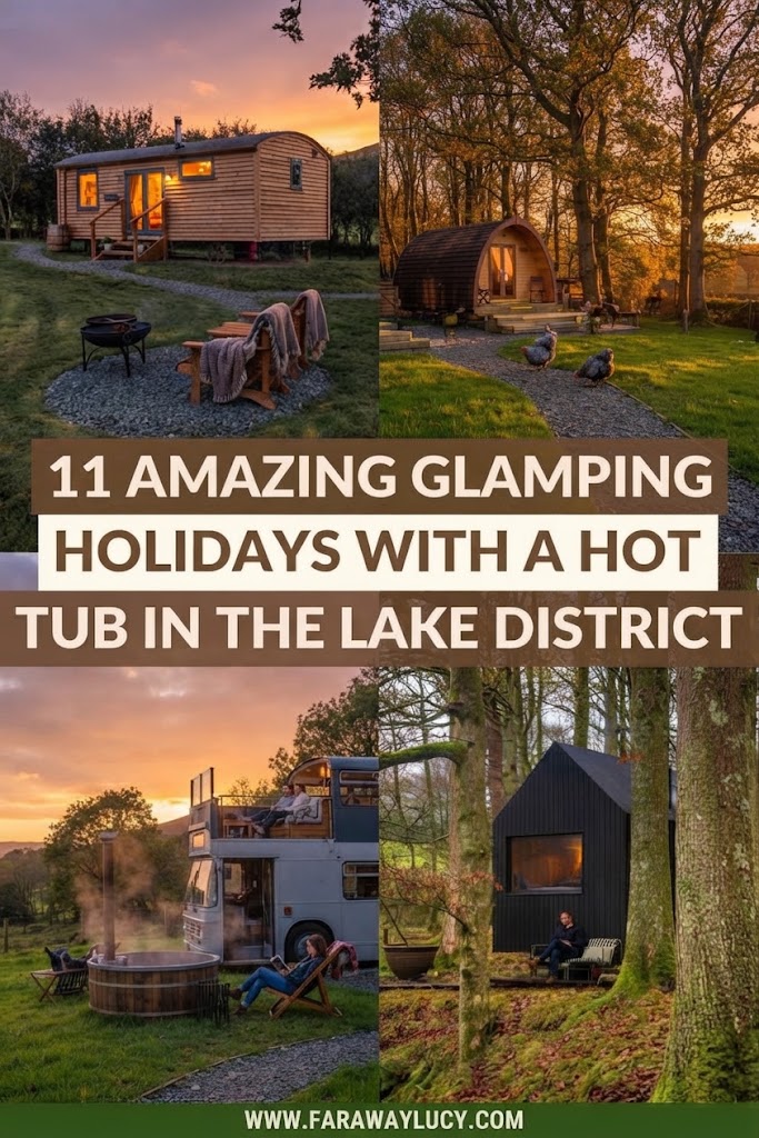 Glamping pod with a glazed gable end facing open fells, interior lit warmly and stars visible above