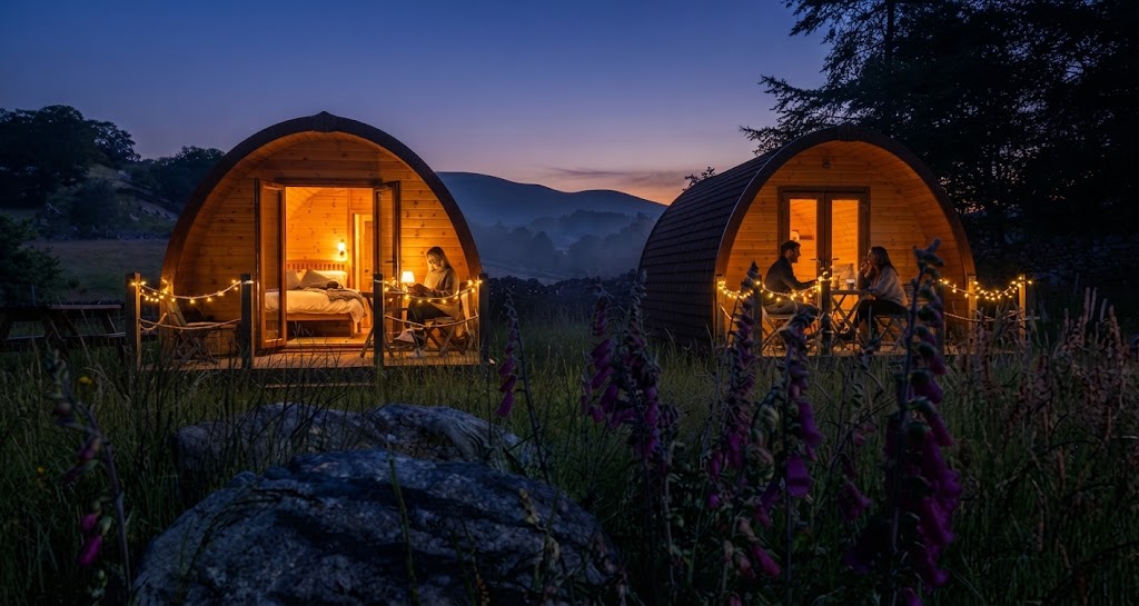 Two lit camping pods at dusk in a Lake District meadow, foxgloves in the foreground and fells fading into mist behind