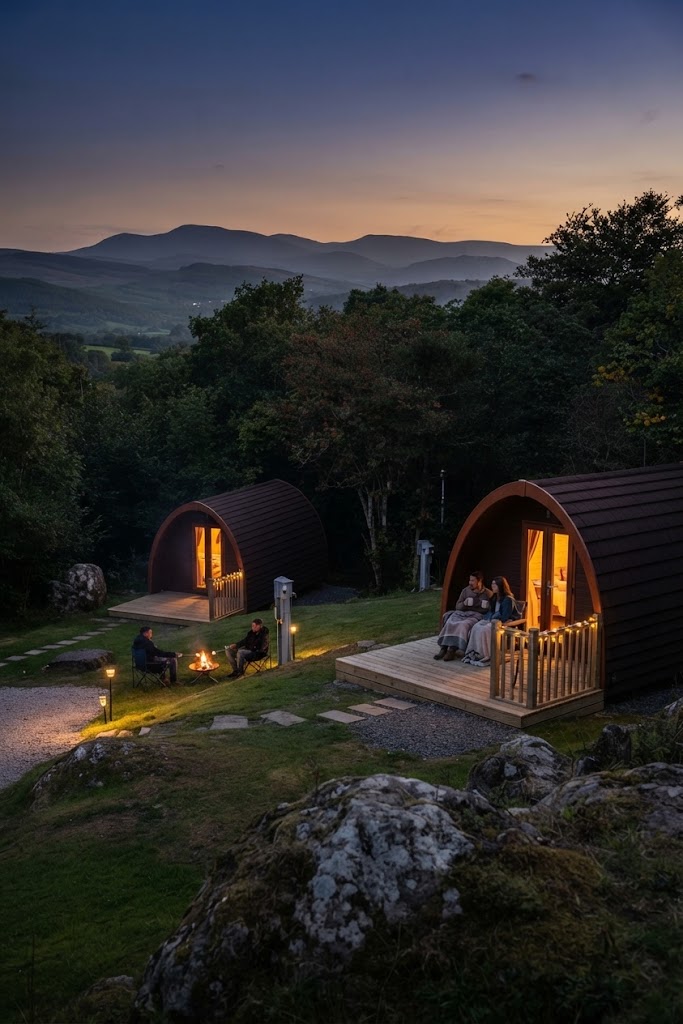 Interior of a Lake District glamping pod with a made-up double bed, timber walls and a window looking onto grazing land