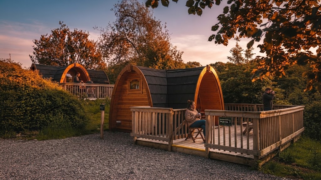 Three timber camping pods in a row at sunset with a wood-fired hot tub and a dog crossing the concrete terrace
