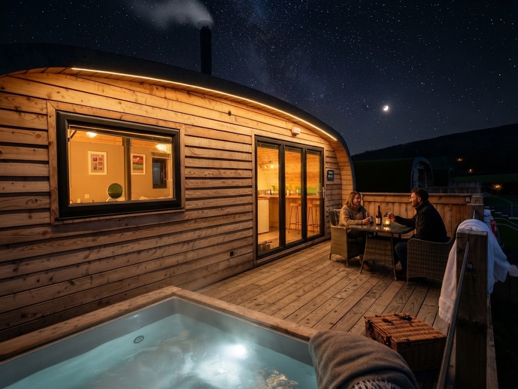 View from inside a glamping pod doorway across a stone terrace to a hot tub, with orange sunset light over distant Cumbrian fells