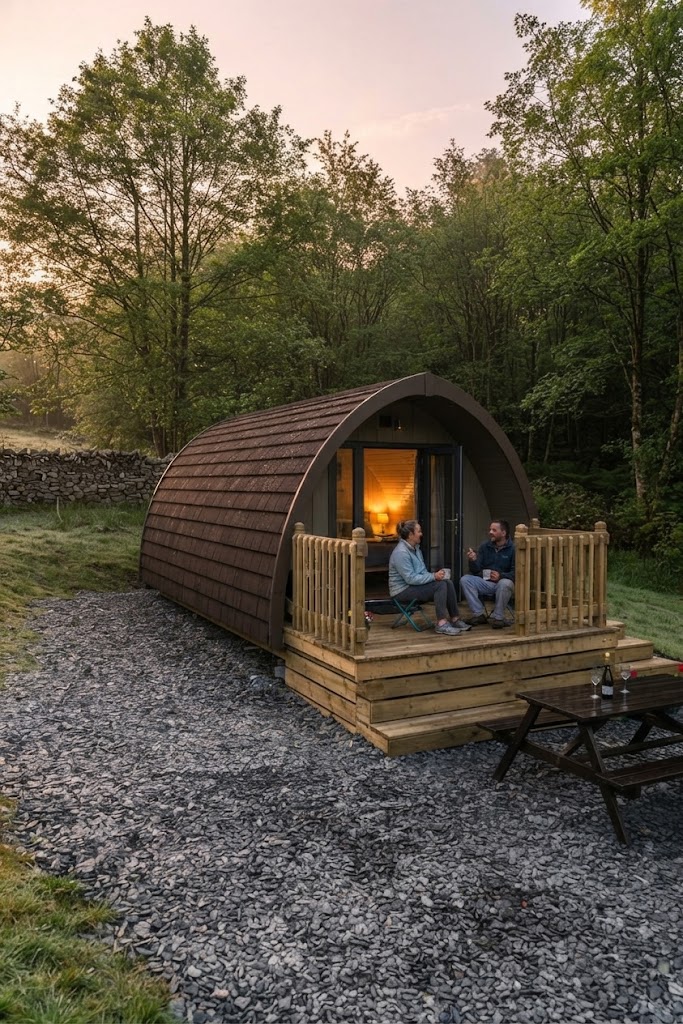 Family sitting outside a yurt in an open Cumbrian field with bunting, a picnic bench and low green fells behind