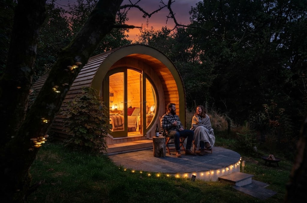 Camping pods and touring caravans sharing a large Windermere-area holiday park with a facilities building
