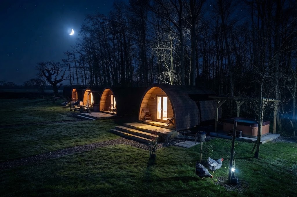 Open Eden Valley farmland with the Lake District fells on the western horizon and a glamping unit in the foreground